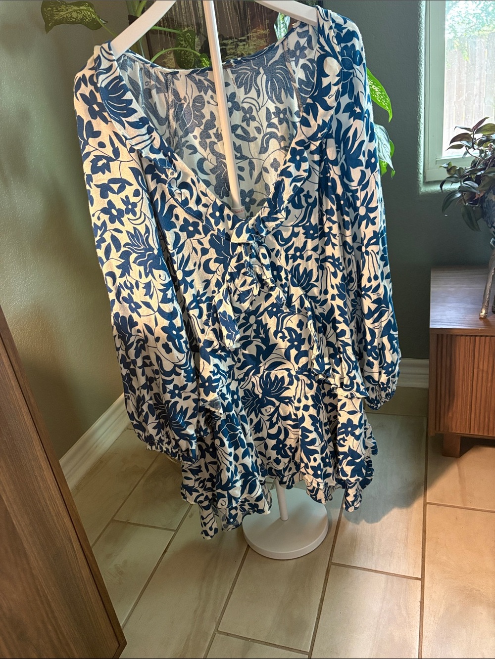 Free People Blue and White Floral Long Sleeve Ruffle Dress